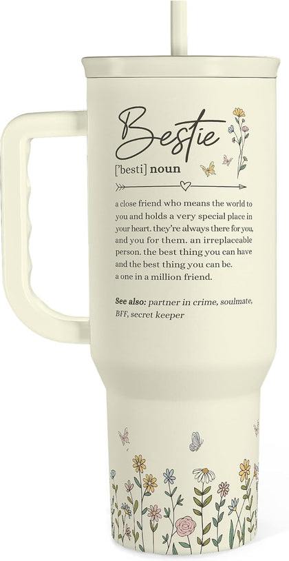 Best Friend Tumbler with Handle 40oz, Bestie Cups for Women Stainless Steel Coffee Travel Tumblers with Straw, Bestie Gifts for Female Friends BFF, Friendship Gift for Birthday Christmas Valentines
