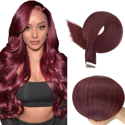 24 Inch #99J Burgundy Tape in Extensions Human Hair Wine Red Straight Tape ins Hair Extensions Real Human Hair Skin Weft Seamless Invisible Remy Hair 40g 10Pcs.