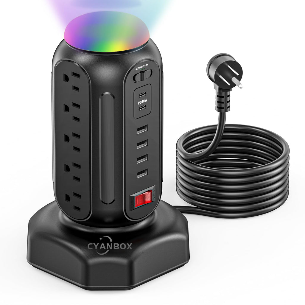 Multiple Outlets Surge Protector, PD 30W Fast Charging Power Strip Tower with RGB Night Light, 15 AC Outlets Power Tower, 2 Type C and 4 USB Ports, 6.5FT Retractable Extension Cord Charging Station