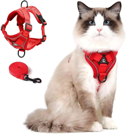 Cat Harness and Leash Set, Upgraded Escape Proof Adjustable Vest with Lead for Kitten Puppy Outdoor Walking, Soft Breathable Mesh Jacket with Reflective Strips for Dark Night (M, Fresh Red)