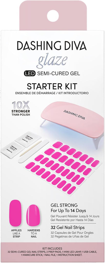 Dashing Diva Glaze Nail Starter Kit - Magenta Madness - Long Lasting, Chip Resistant, Semi-Cured Gel Nail Strips - 7-Piece Manicure Set with 32 Strips and Mini LED Lamp