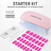 Dashing Diva Glaze Nail Starter Kit - Magenta Madness - Long Lasting, Chip Resistant, Semi-Cured Gel Nail Strips - 7-Piece Manicure Set with 32 Strips and Mini LED Lamp