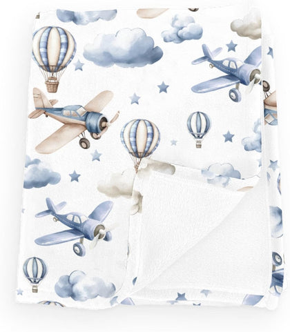 Wicbfdfv Cute Plane Hot Air Balloon Baby Blankets for Boy Girl Blue Airplanes Moon Stars Flannel Fleece Blanket for Kids Newborn Breathable Bed Blankets for Newborn Toddler Nursery Crib Playmat