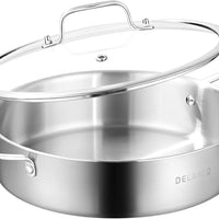 DELARLO 8QT Tri-Ply Stainless Steel Saute Pan With Lid, Jumbo Cooker 13 Inch Deep Frying Pan, Induction Large Skillet, Cooker Pan for Chefs, Dishwasher & Oven Safe