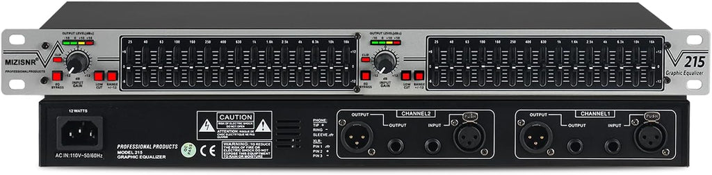 MIZISNR Graphic Equalizer 15-Band Stereo EQ for Home Audio, Dual Channel Professional Silver DJ Equalizer, Noise Reduction 1U Rack Mount (EQ-215S)
