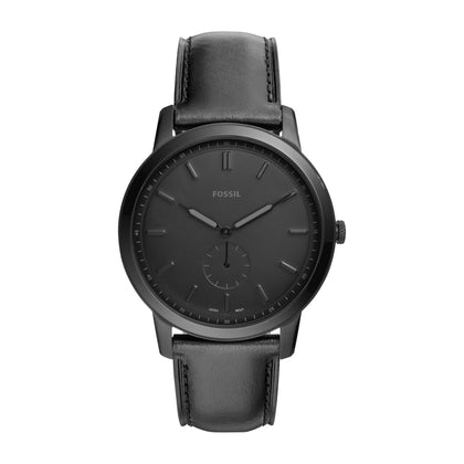 Reloj minimalista de cuarzo Fossil para hombre con correa de cuero negro y caja de acero inoxidable, esfera negra y resistente al agua