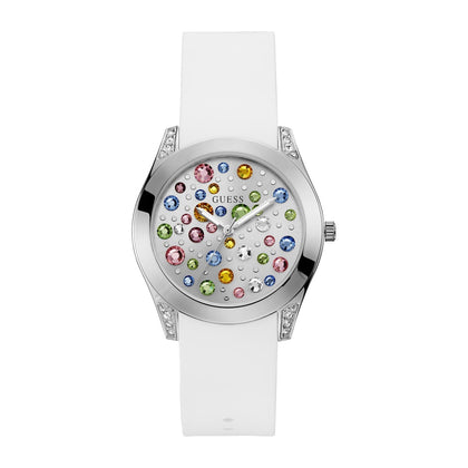 Reloj GUESS con cristal multicolor, carcasa plateada y silicona blanca resistente a manchas, perfecto para mujeres elegantes