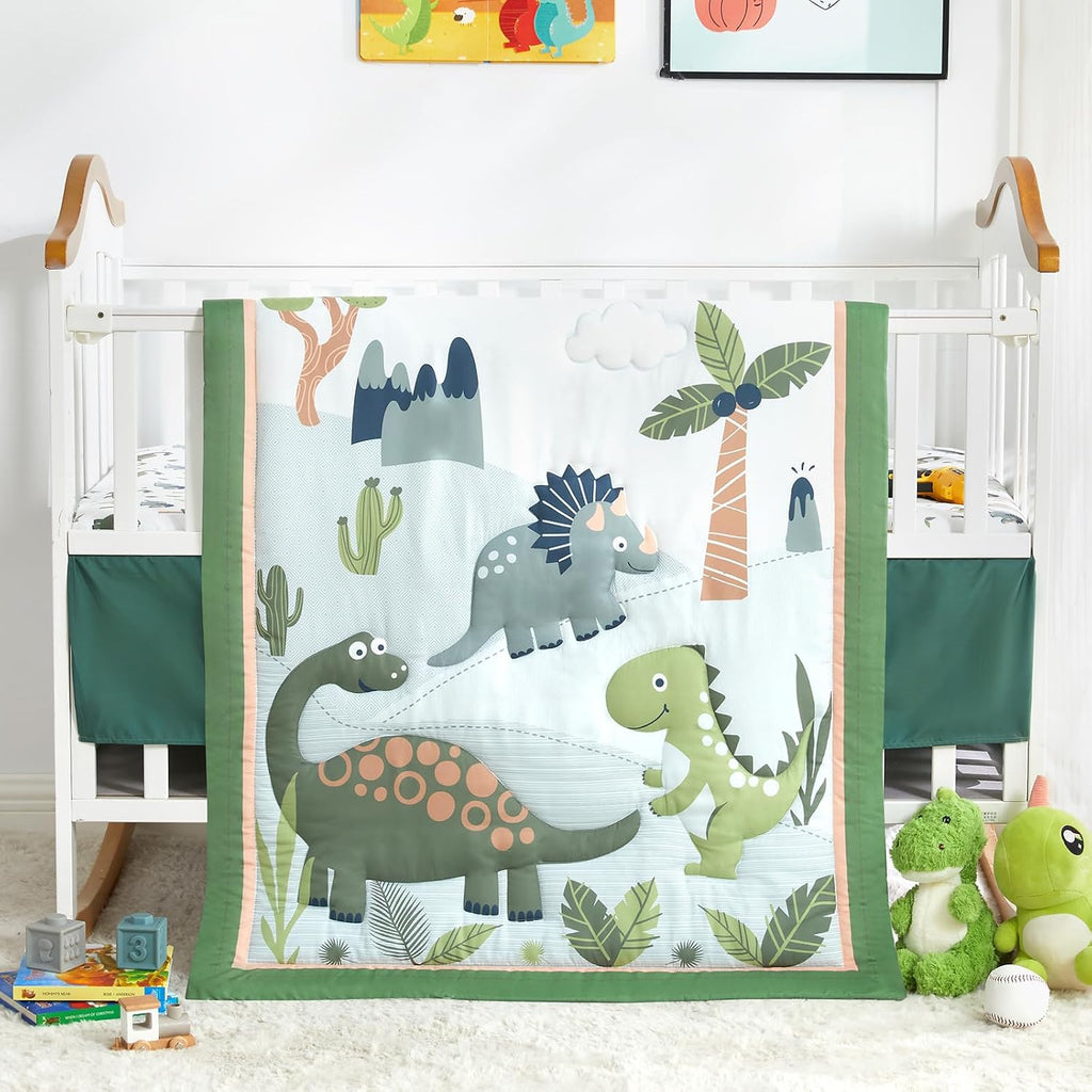 Wowelife Dinosaur Mini Crib Bedding Set for Boys Green Premium 3-Piece Baby Bedding Sheet Set Dinosaurs Nursery Crib Set Crib Comforter Set Breathable and Soft for Baby