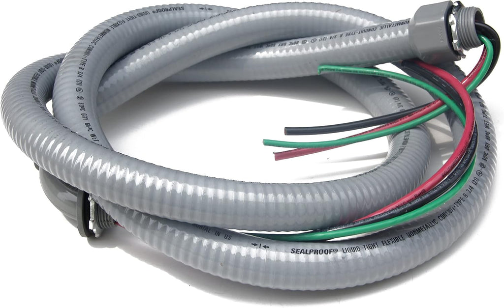 Sealproof Power Whip Assembly, 3/4-Inch x 6 Ft Nonmetallic Liquid Tight Flexible Electrical Conduit and 8 Gauge Wire Single Phase Preassembled A/C Hook-up Whip Kit, 3/4" Dia