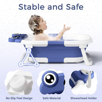 BUNWAG Bañera Plegable para Bebé con Termómetro y Cojín Azul Marino