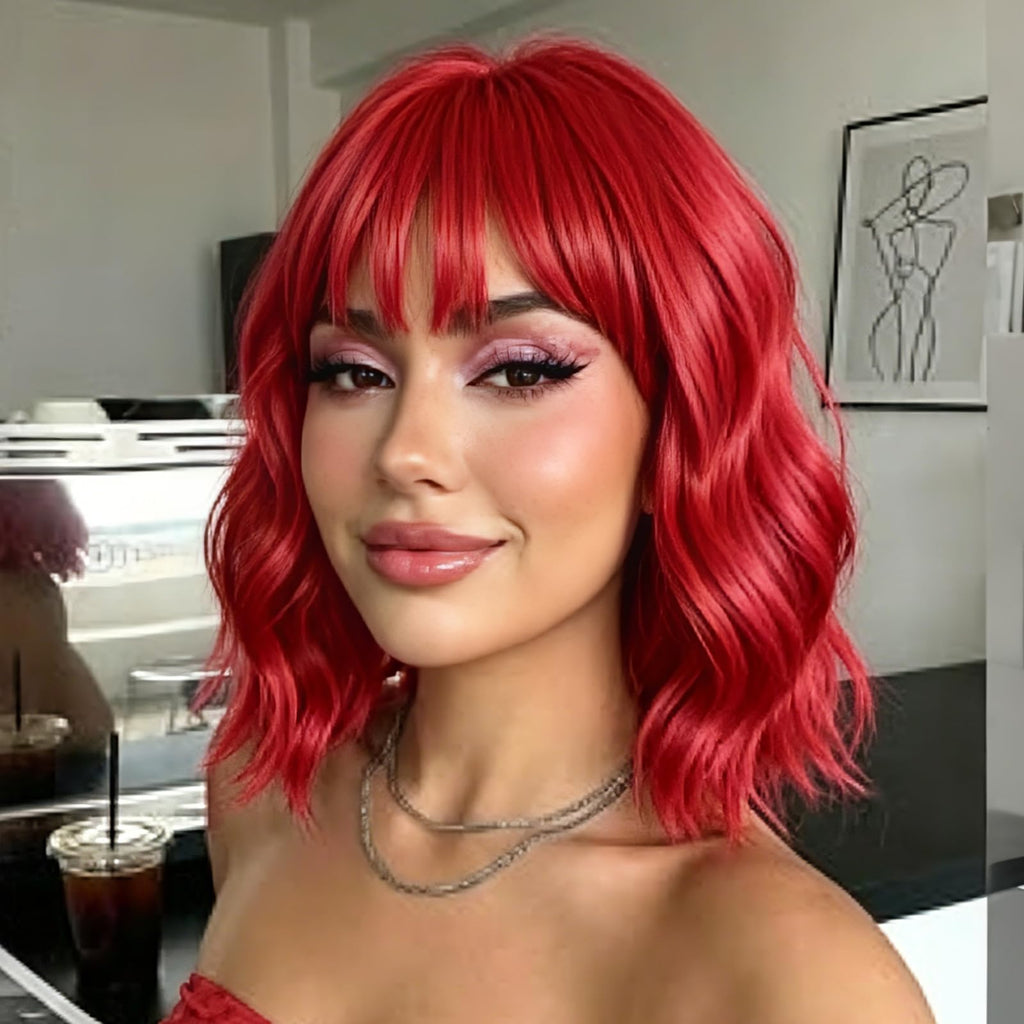 PHOENIXFLY Red Short Wavy Bob Synthetic Wig with Bangs for Women