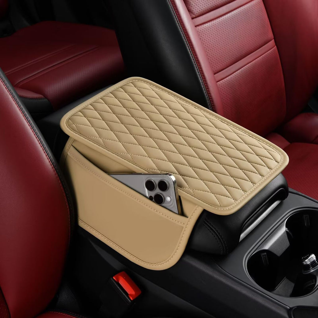 BNMFFYU Car Center Console Cover Fit for Lincoln Nautilus: Leather Car Armrest Cover Cushion with 2 Storage Bags - Car Accessories Console Arm Rest Protector(001# Beige)