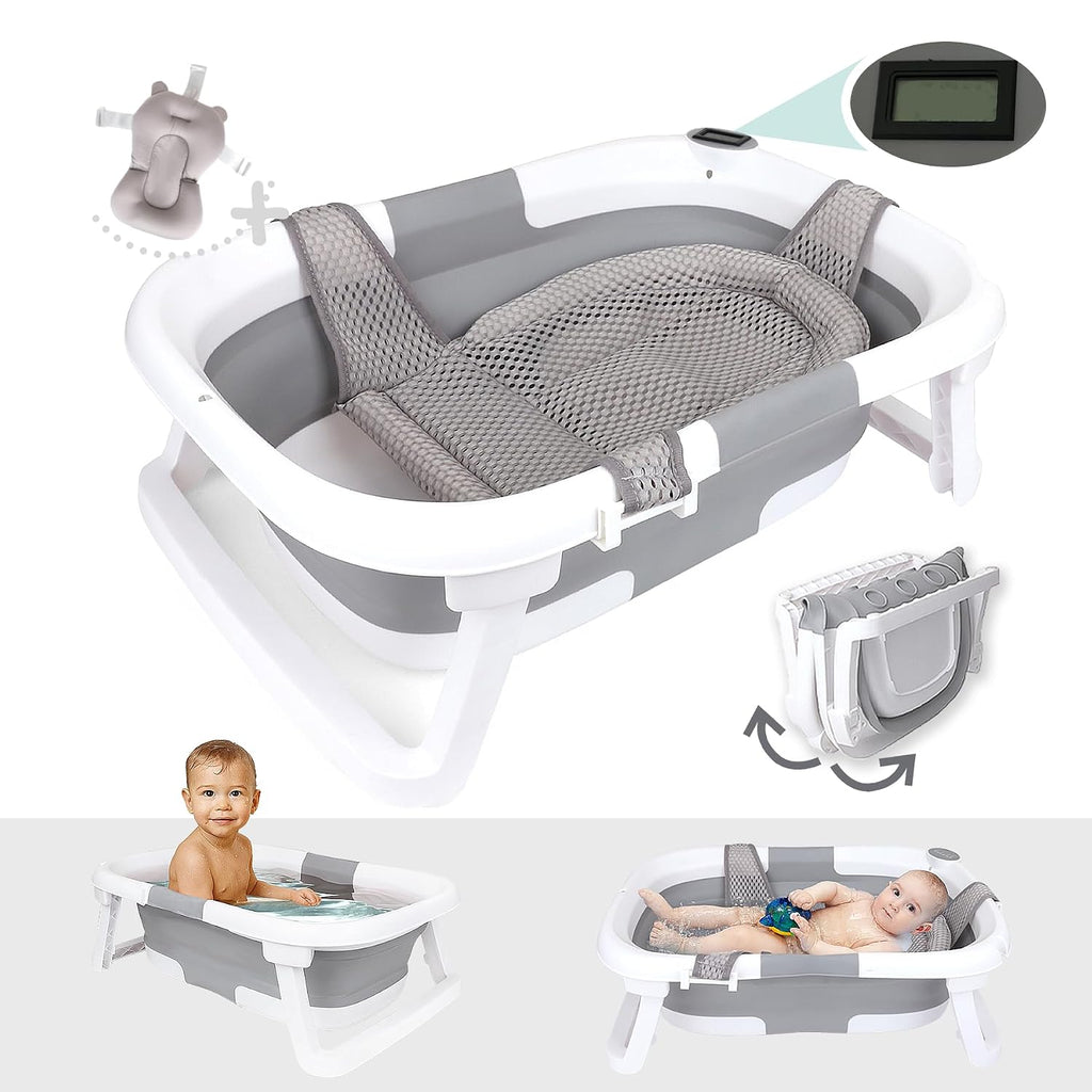 BEBELEH Bañera Plegable para Bebé con Termómetro y Doble Hamaca Gris
