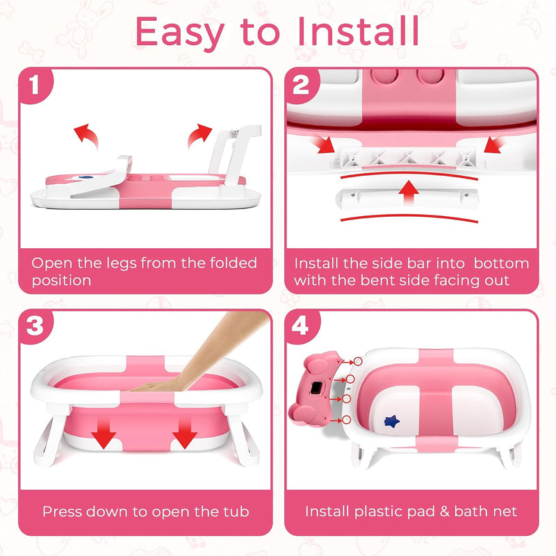 BUNWAG Bañera Plegable para Bebé con Termómetro y Cojín Rosa
