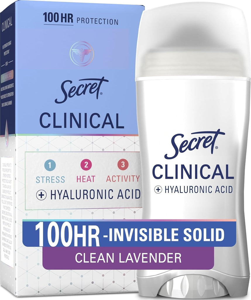Secret Clinical Strength 100HR Sweat & Odor, Invisible Solid Antiperspirant Deodorant for Women, 3X Stress Protection with Hyaluronic Acid, PH Balanced, Clean Lavender Scent, 2.6 oz