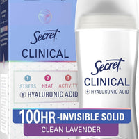 Secret Clinical Strength 100HR Sweat & Odor, Invisible Solid Antiperspirant Deodorant for Women, 3X Stress Protection with Hyaluronic Acid, PH Balanced, Clean Lavender Scent, 2.6 oz