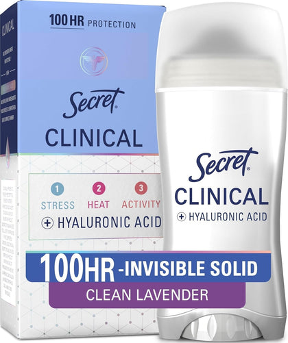 Secret Clinical Strength 100HR Sweat & Odor, Invisible Solid Antiperspirant Deodorant for Women, 3X Stress Protection with Hyaluronic Acid, PH Balanced, Clean Lavender Scent, 2.6 oz