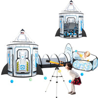3pc Kids Play Tent for Girls with Ball Pit, Crawl Tunnel, Princess Tents for Toddlers, Baby Space World Playhouse Toys (3PC White Rocket Play Tent)