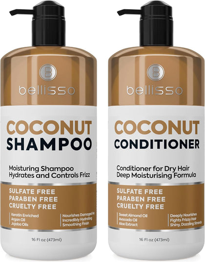 Coconut Shampoo and Conditioner Set - Sulfate Free, Deep Moisturizing, Hydrating, Anti Frizz Formula for Women and Men - Professional Salon Grade - Dry, Damaged Hair Care Products 16 Fl Oz (Set of 2)