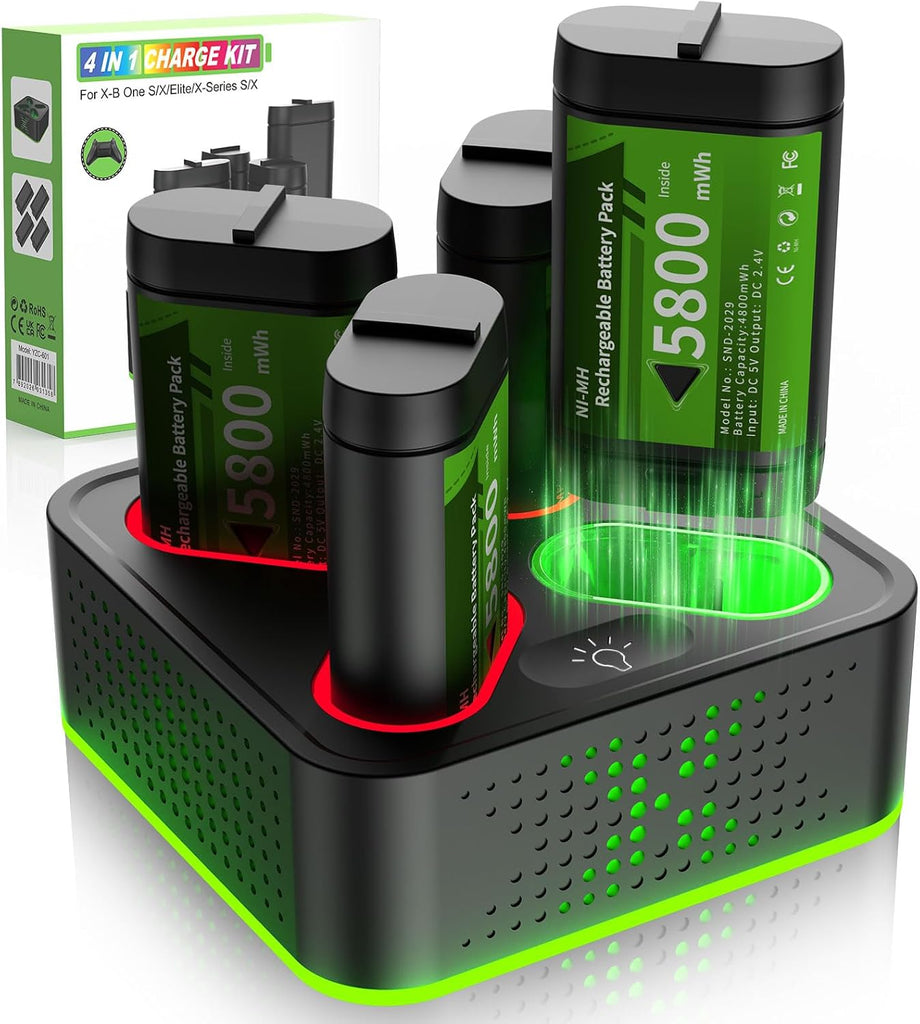 NBSoul Rechargeable Battery Pack for Xbox One/Series X/S,4 x 5800mWh Rechargeable Batteries with RGB Charger Station,Fast Charging Battery Station for Xbox One S/X/X-Sereies S/X