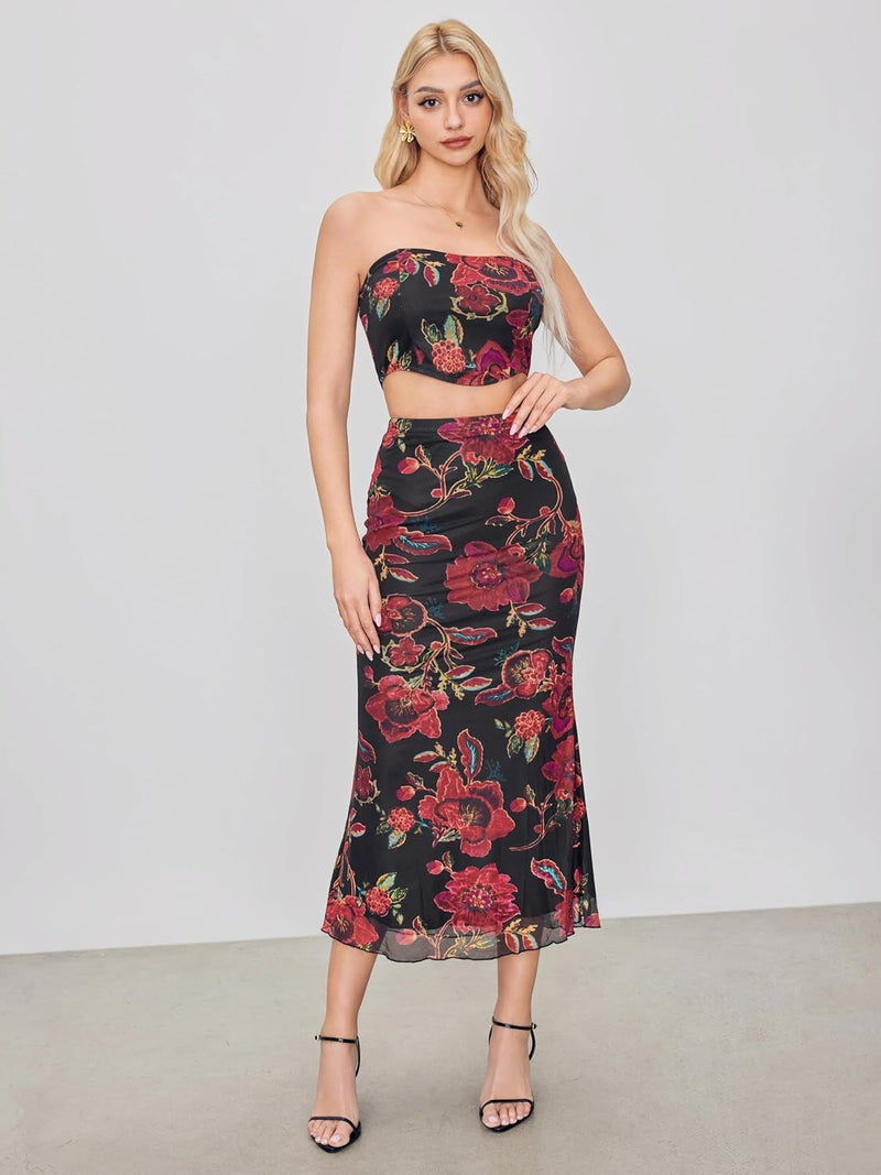 CIDER Women’s Mesh Floral Boho Long Midi Skirts