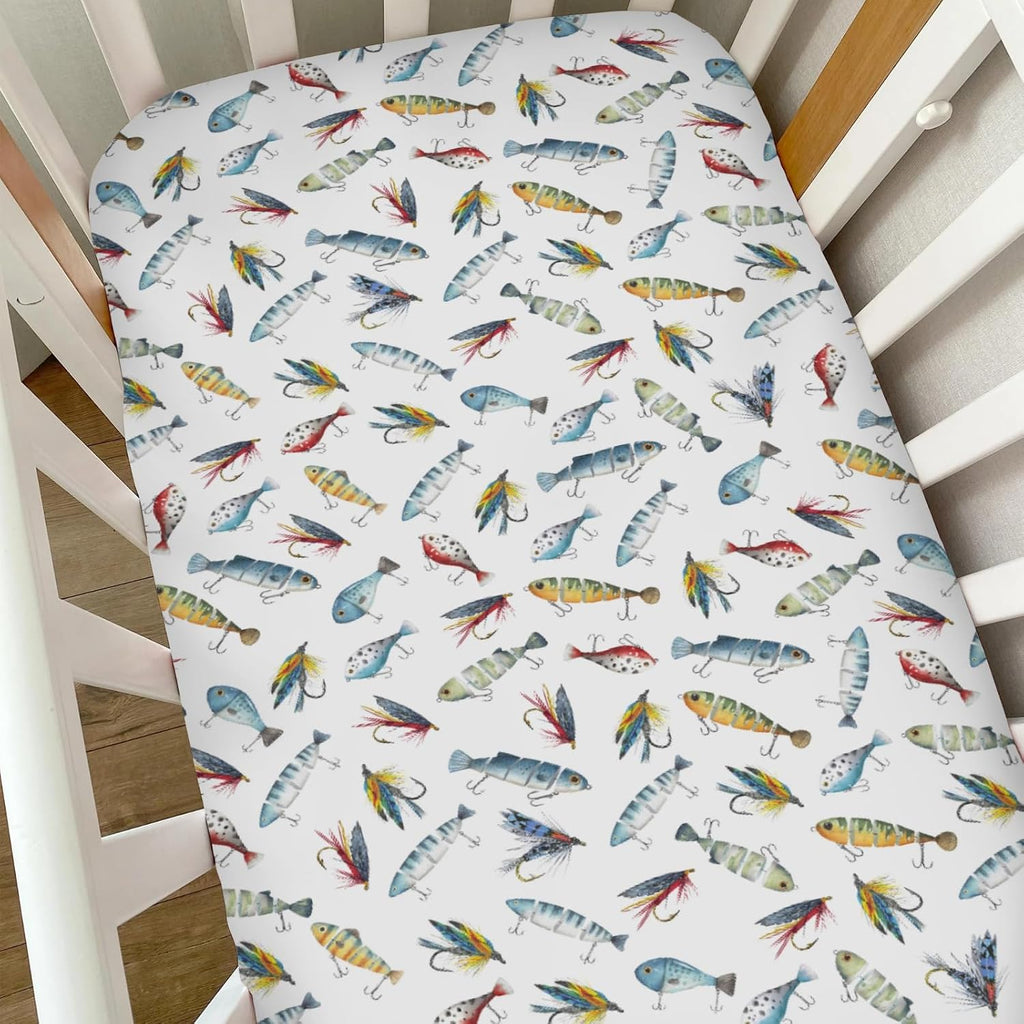 Watercolor Lures Flys Baby Crib Sheets for Boys Girls Fishermen Lures Hooks Soft Snug Fitted Crib Mattress Covers for 52''x28'' Standard Crib & Toddler Mattress Fishing Lovers Gift Baby Bed Sheets