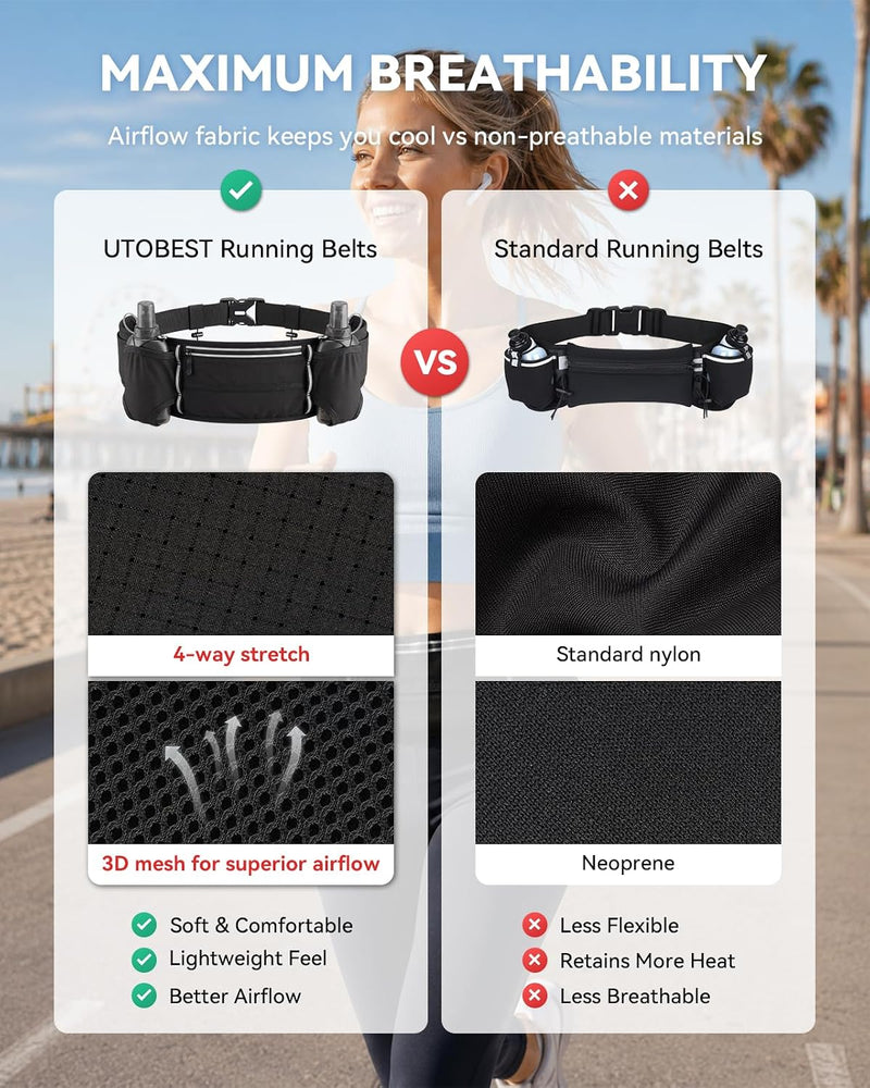 UTOBEST Running Hydration Belt with 2 Soft Flasks, 6-Pocket Waist Pack B5