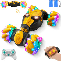 Uucoco Rc Gesture Sensing Stunt Car Toys for Kids 3-12 Years Old, Drift Hand Control Remote Control Cars with Light & Music, 2.4Ghz 4WD 360°Rotation Double Side Cars Birthday Gifts for Kids (Yellow)
