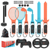 Switch 2/1 Sports Accessories,KEPLUG 20 in 1 Sports Bundle for Nintendo Switch 2/1 with 2 Joycon Grips 2 Steering wheels,Durable Family Accessories Kit,2 Tennis Rackets,Golf Clubs 2 Swords 2 Leg Strap