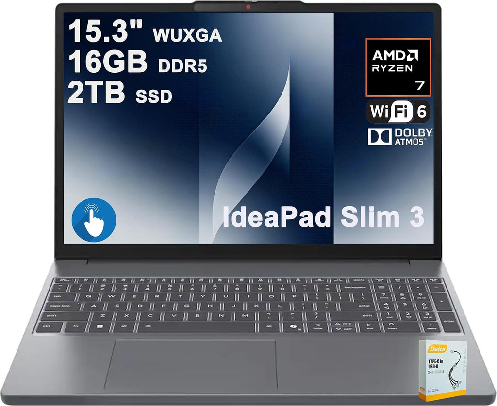 Lenovo IdeaPad Slim 3 Business Laptop   15.3" WUXGA IPS Anti-Glare Touchscreen   AMD 8-core Ryzen 7 170   16GB DDR5 2TB