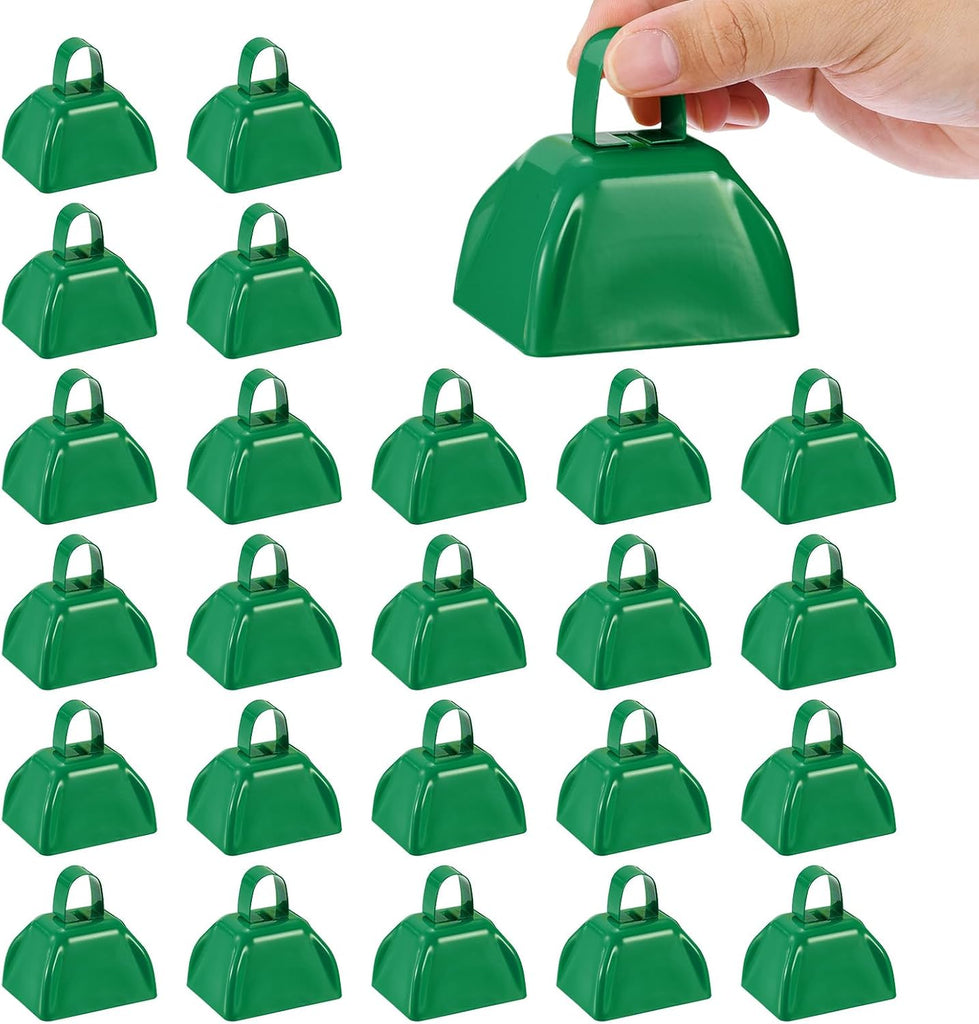 PATIKIL 24pcs Cow Bells for Football Games, 3inch Cowbells for Sporting Events Bulk Loud Noise Makers Metal Cow Bell with Handle for Cheering Wedding,Green