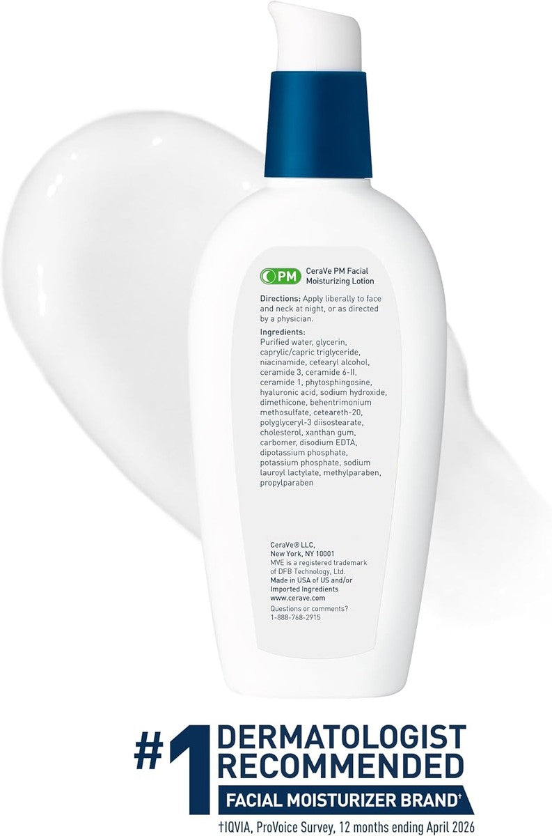 CeraVe PM Daily Facial Moisturizer, Skin Care for Dry Skin, Oil-Free, 3oz