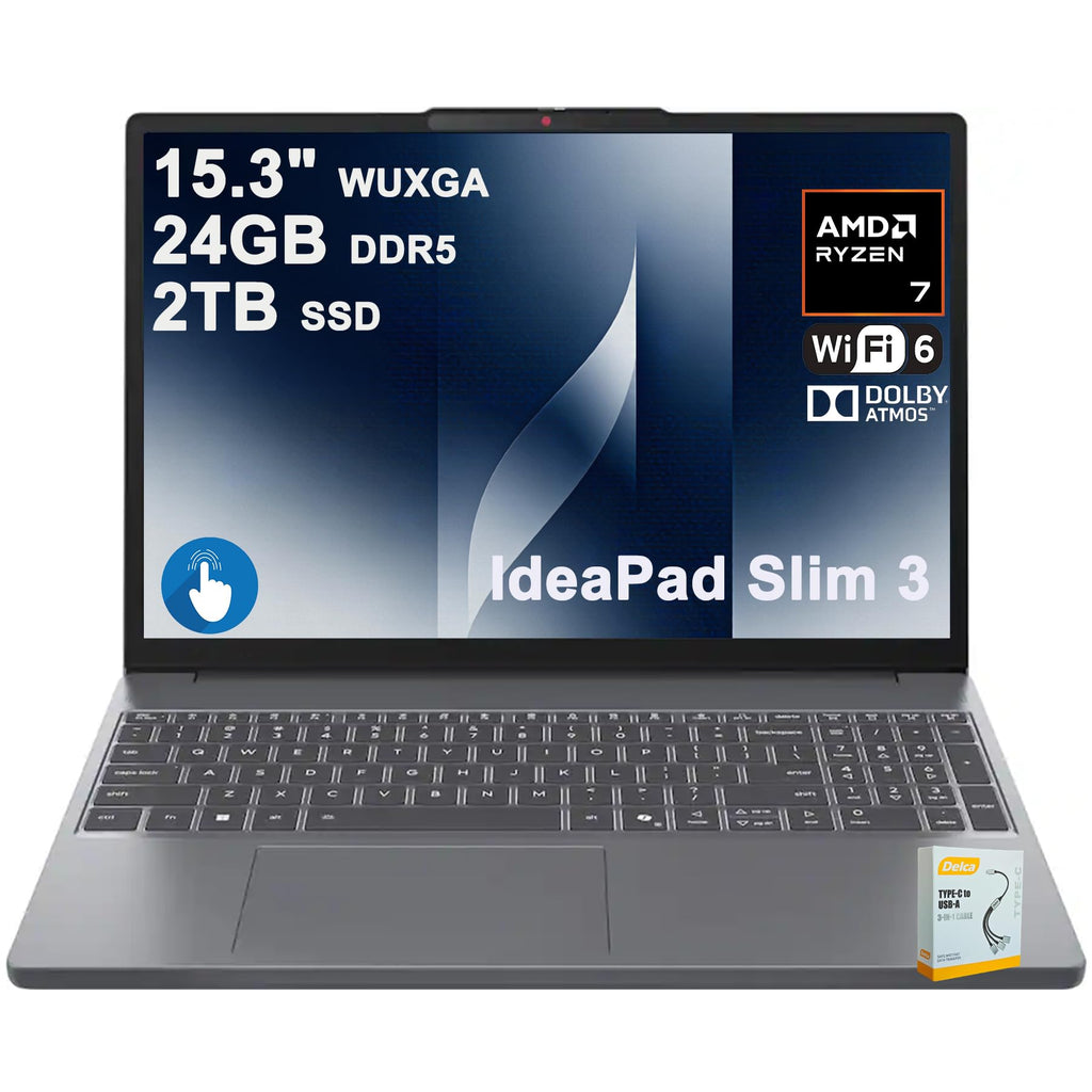 Lenovo IdeaPad Slim 3 Business Laptop   15.3" WUXGA IPS Anti-Glare Touchscreen   AMD 8-core Ryzen 7 170   24GB DDR5 2TB