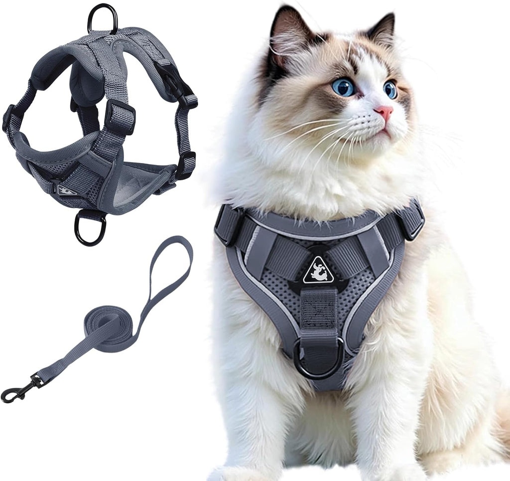 Cat Harness and Leash Set, Upgraded Escape Proof Adjustable Vest with Lead for Large Cat Small Dog Puppy Outdoor Walking, Soft Breathable Mesh Jacket with Reflective Strips for Dark Night, L Gray