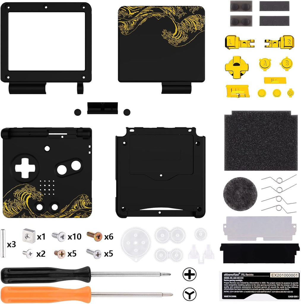 IPS Ready Upgraded eXtremeRate Custom Replacement Housing Shell for Gameboy Advance SP GBA SP – The Great GOLDEN Wave Off Kanagawa - Black Compatible with Both IPS & Standard LCD – No Console & Screen
