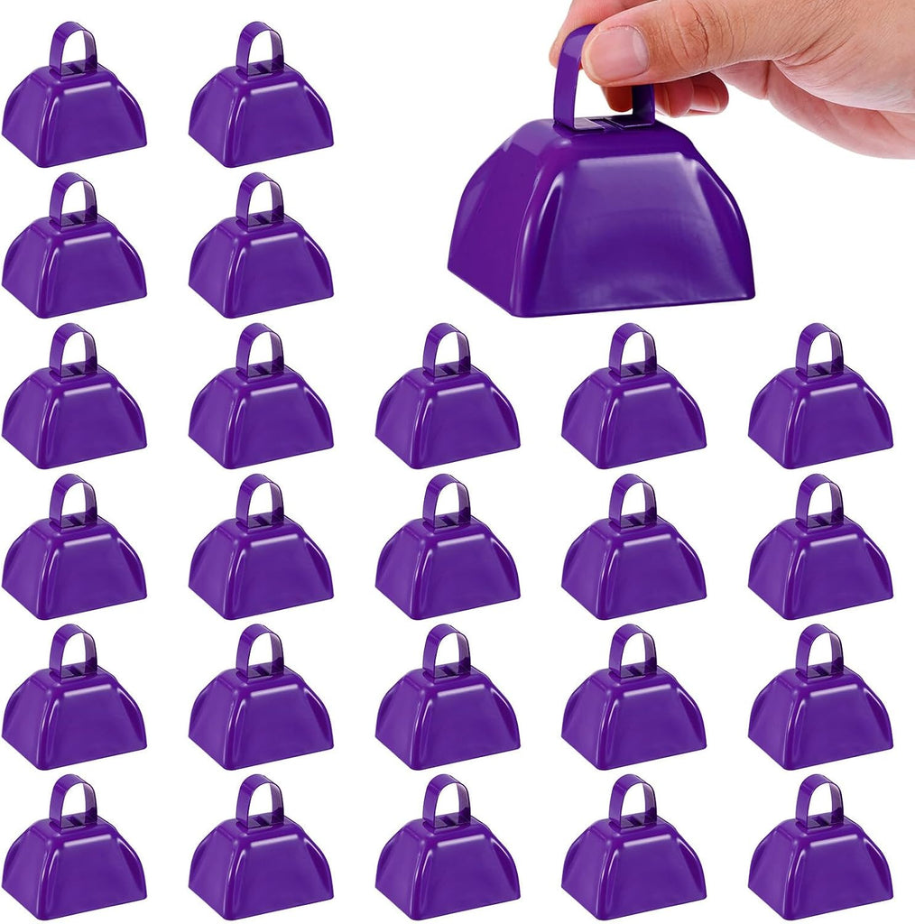 PATIKIL 24pcs Cow Bells for Football Games,3in Cowbells for Sporting Events Bulk Loud Noise Makers Metal Cow Bell with Handle for Cheering Competition Marathon Wedding, Blue Purple
