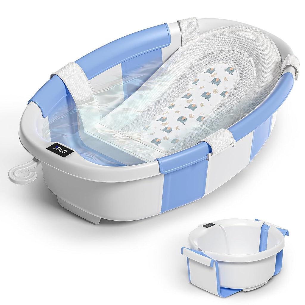 Himold Bañera Plegable Amplia para Bebé con Termómetro y Cojín Azul