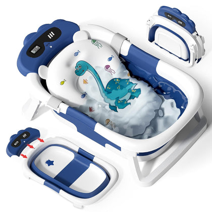 AVIDOR Bañera Plegable para Bebé Diseño Dinosaurio con Red de Baño Azul Marino