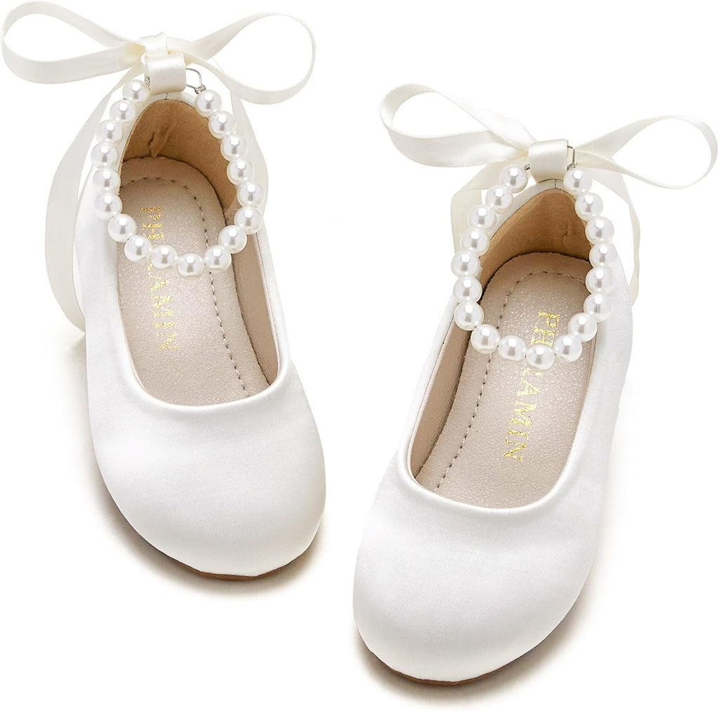 PHIRAMIN Toddler Flower Girl Satin Ivory White Dress Shoes - Little Girl Ballet Flats Size 9 Pearl Wedding Party