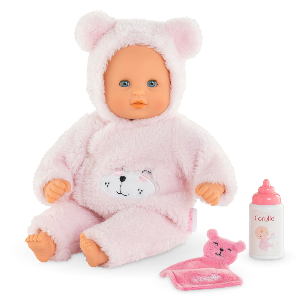 Corolle My First Baby Doll Cuddly Teddy Bear - 12" Soft Boy Baby Doll with Vanilla Scent, Pink Bear Outfit & Sleeping Eyes for Girls, Cute Reborn Realistic Baby Dolls for 2 Year Old Girls