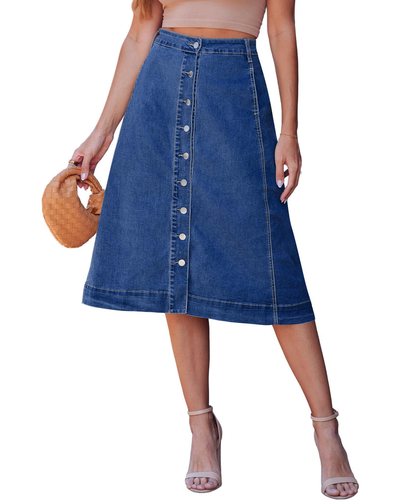 luvamia Jean Skirts for Women Trendy Midi Length A Line Blue Jean Skirt for Women Denim Casual Womens Skirts Button Down Denim Button Skirt Darkness Blue Size Small US 4 to 6