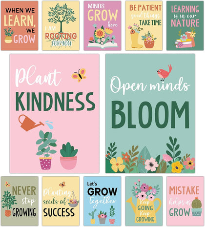 Lonfliness 12Pcs Motivational Poster for Classroom Wildflower Classroom Decor Grow Poster Inspirational Bulletin Board Green Plant Floral Garden Positive Quote for Elementary High School Supplies