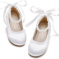 PHIRAMIN Toddler Flower Girl Satin White Dress Shoes - Little Girl Ballet Flats Size 13 Pearl Wedding Party