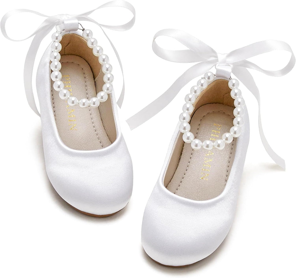 PHIRAMIN Toddler Flower Girl Satin White Dress Shoes - Little Girl Ballet Flats Size 11 Pearl Wedding Party