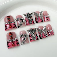 Handmade Short Duck Press on Nails 3D Gothic Thick Acrylic Fake Nails Pink French Tip False Nails with Spikes Angel Charms Rhinestones Leopard Print Designs Sturdy Nail Art Press on Nails 10Pcs(S)