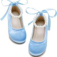 PHIRAMIN Toddler Flower Girl Satin Light Blue Dress Shoes - Little Girl Ballet Flats Size 13 Pearl Wedding Party