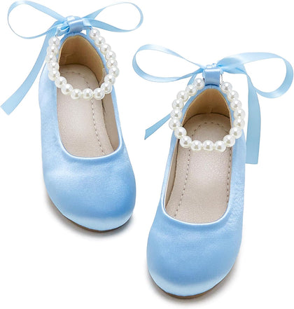 PHIRAMIN Toddler Flower Girl Satin Light Blue Dress Shoes - Little Girl Ballet Flats Size 13 Pearl Wedding Party
