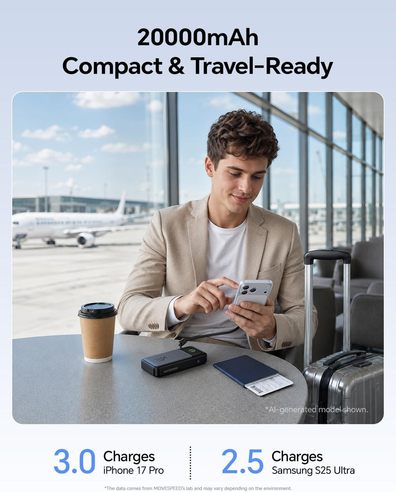 MOVE SPEED 35W Portable Charger, 20000mAh Power Bank,Built in USB-C Cables