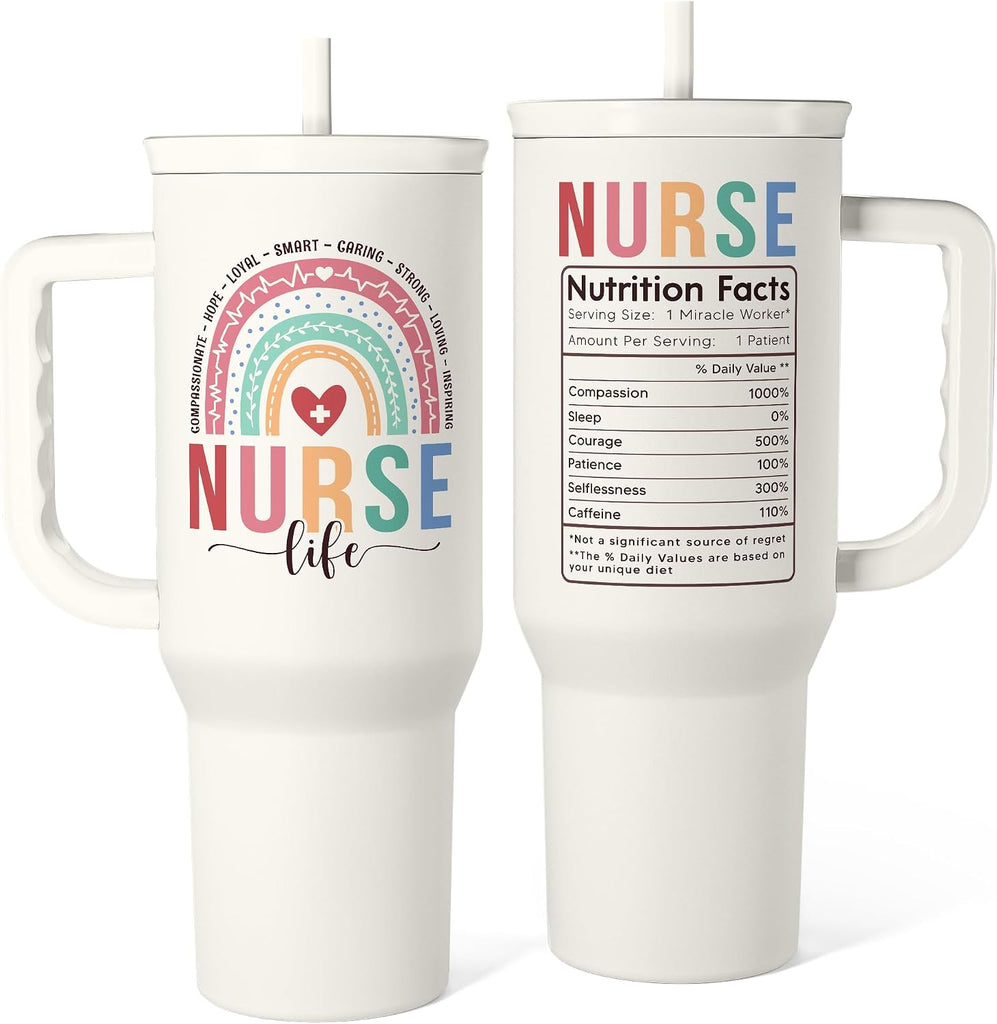 SANDJEST Nurse Tumbler with Handle 40oz, Stainless Steel Tumblers Coffee Travel Mug Cups with Straw, Nurses Appreciation Gifts for Women Female, Nursing Gift for Birthday Christmas Nurse's Week