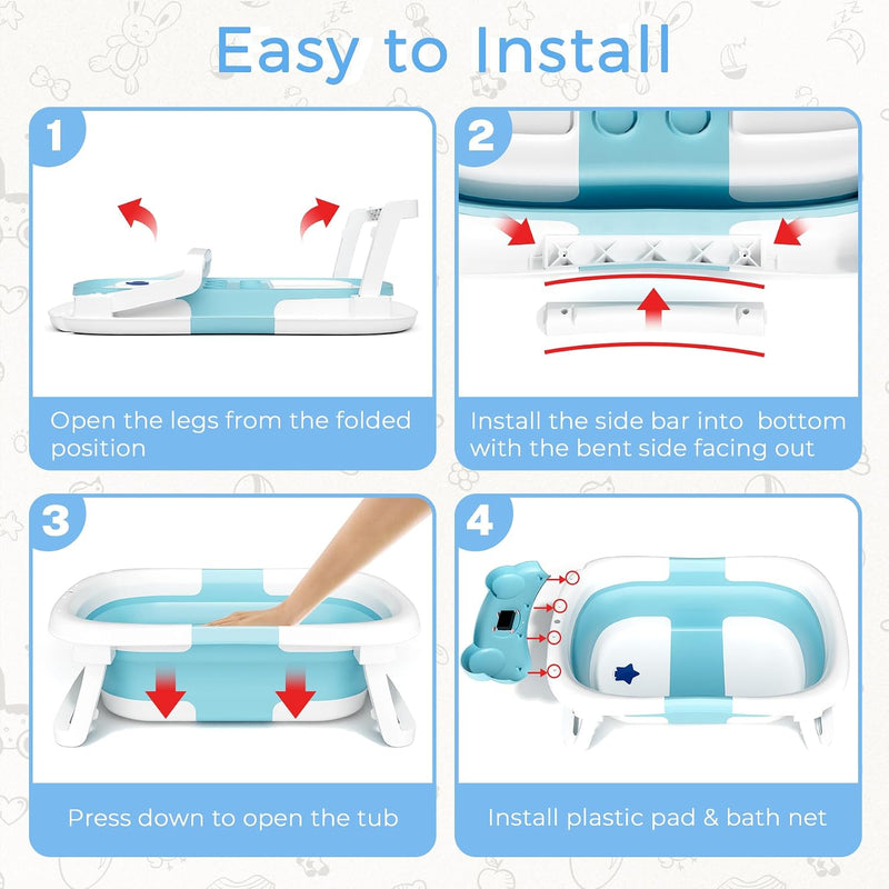 BUNWAG Bañera Plegable para Bebé con Termómetro y Cojín Azul
